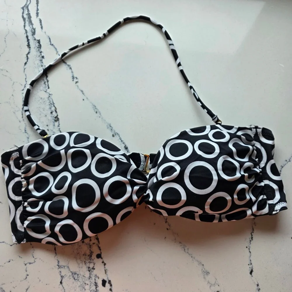 Victoria's Secret Women Bikini Top Geometric Circle Bandeau Swimwear Black sz L‎